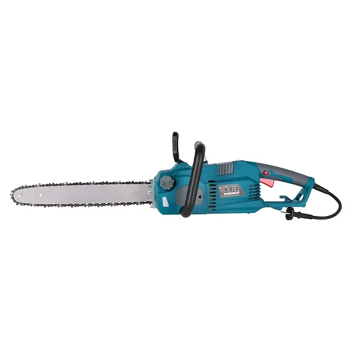 Könner & Söhnen Elektro-Kettensäge KS CS2200-16 - 2.200 W, Schwertlänge: 40 cm - Eine hellblaue und graue Kettensäge mit einem schwarzen Griff und Kabel, die auf einem schwarzen Hintergrund abgebildet ist.
