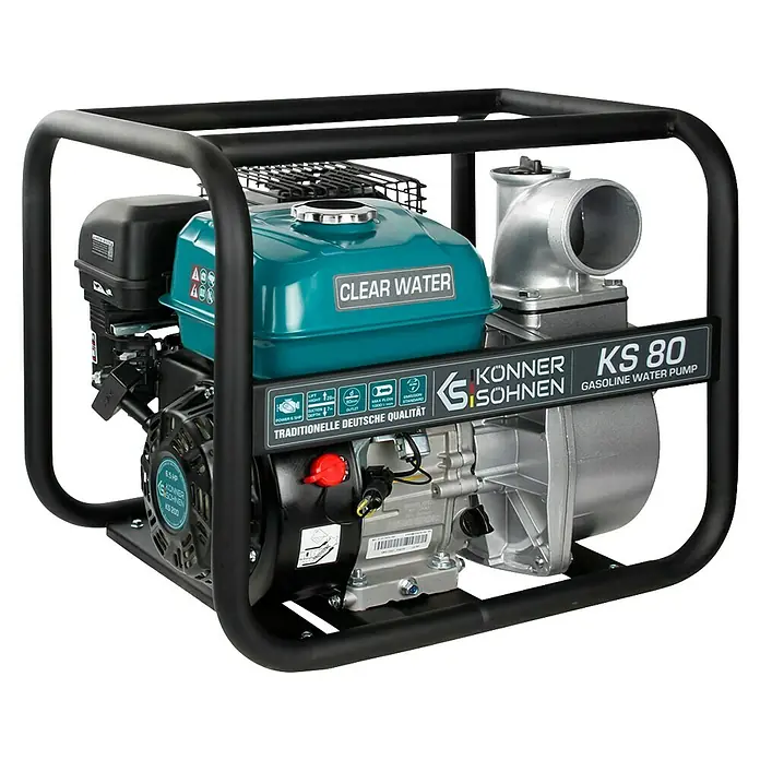 Könner & Söhnen Benzin-Klarwasserpumpe KS 80 - 7 PS, 196 cm³, Max. Fördermenge: 1.000 l/h - Das Bild zeigt eine Konner Söhnen KS 80 Benzin-Wasserpumpe mit einem robusten Rahmen, ideal für klares Wasser und zuverlässige Leistung.