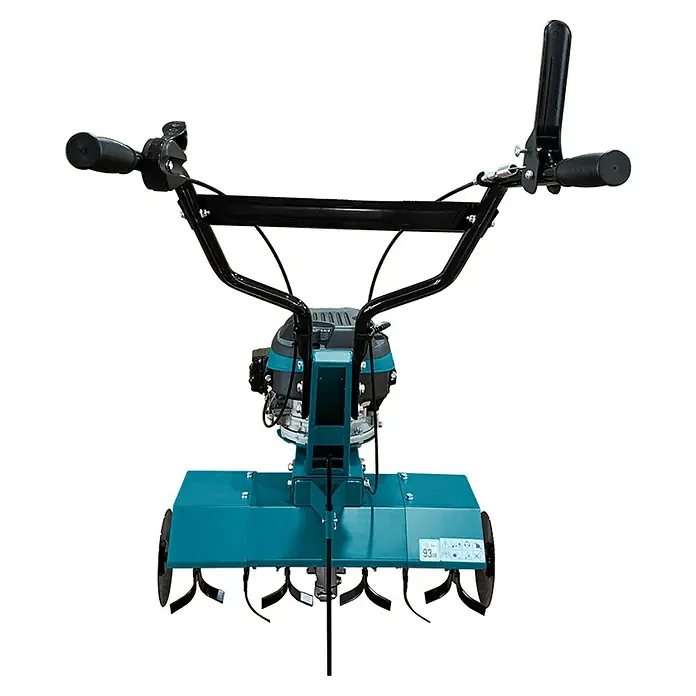 Könner & Söhnen Benzin-Bodenhacke KS 4HP-70 - 4-Takt, Arbeitsbreite: 70 cm - Nahaufnahme eines blauen Gartenfräse, die für die Bodenbearbeitung in Gärten und im Landschaftsbau verwendet wird.