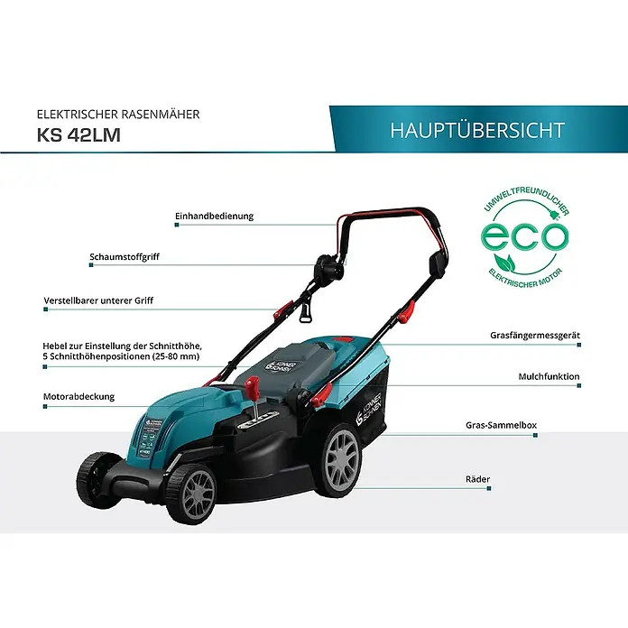 Könner & Söhnen Elektro-Rasenmäher KS 42LM - 1.800 W, Schnittbreite: 42 cm - Elektrischer Rasenmäher KS 42LM mit diversen Funktionen und Bedienelementen, ideal für einen gepflegten Garten.