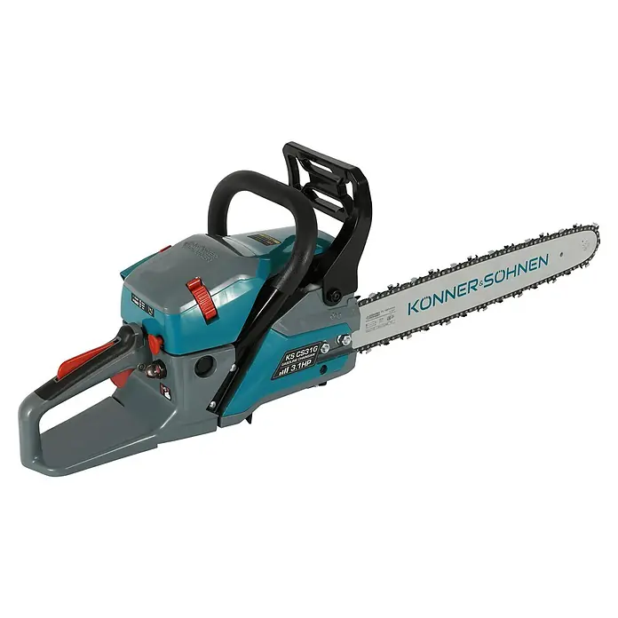 Könner & Söhnen Benzin-Kettensäge KS CS31G-16 - 2,3 kW, 54,5 cm³, Schwertlänge: 40 cm - Das Bild zeigt eine KS CS31G Benzin-Kettensäge von Könner & Söhnen, ideal für Gartenarbeiten und Baumschnitt.