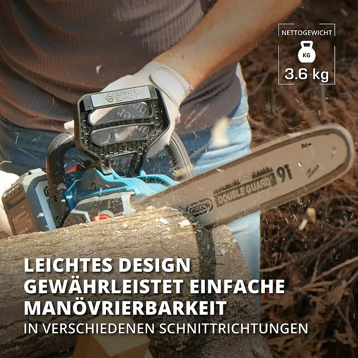 Könner & Söhnen Akku-Kettensäge KS CS40V-16 - 20 V, Li-Ionen, Ohne Akku, Schwertlänge: 40 cm - Nahaufnahme einer Akku-Kettensäge von Künner & Söhnen, die ein leichtes Design und einfache Manövrierbarkeit demonstriert.