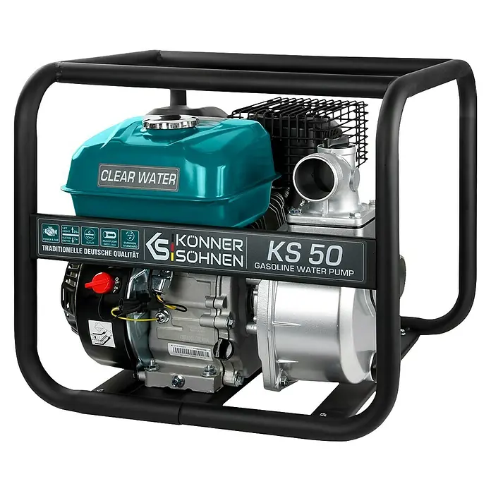 Könner & Söhnen Benzin-Klarwasserpumpe KS 50 - 7 PS, 196 cm³, Max. Fördermenge: 500 l/h - Abbildung einer Konner & Söhnen KS 50 Benzin-Wasserpumpe, die für Klarwasseranwendungen entwickelt wurde und hohe Leistung bietet.