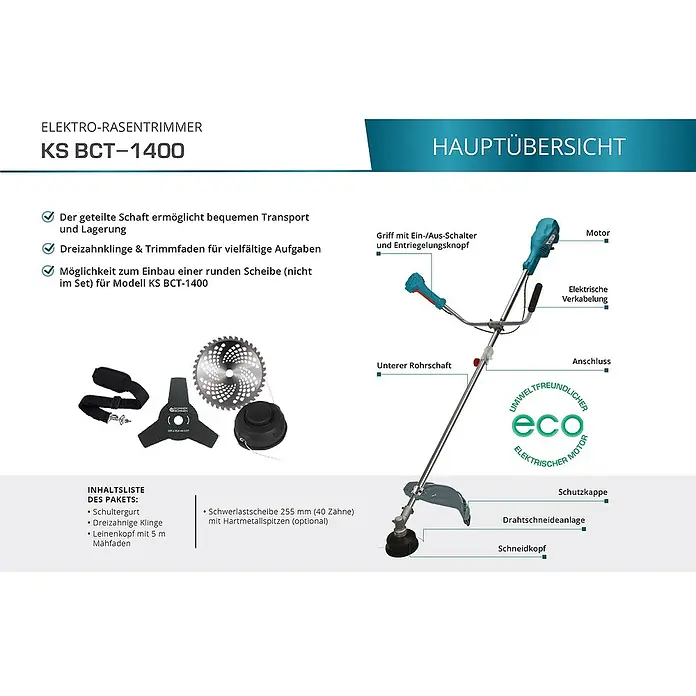 Könner & Söhnen Elektro-Rasentrimmer KS BCT-1400 - 1.400 W, Schnittbreite Faden: 42 cm, Schnittbreite Messer: 25,5 cm - Abbildung eines Elektro-Rasentrimmers KS BCT-1400 mit Zubehör und Detailansicht der Hauptkomponenten.