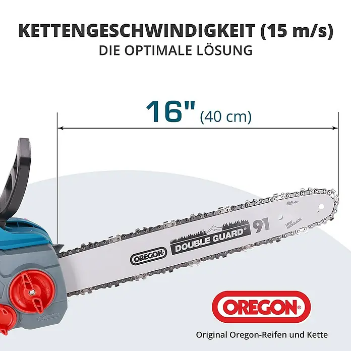Könner & Söhnen Akku-Kettensäge KS CS40V-16 - 20 V, Li-Ionen, Ohne Akku, Schwertlänge: 40 cm - Abbildung einer Kettensäge mit einer Kettengeschwindigkeit von 15 m/s und einer Schwertlänge von 40 cm.