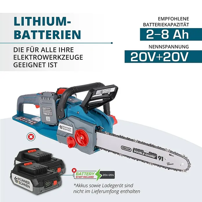 Könner & Söhnen Akku-Kettensäge KS CS40V-14 - 40 V, Li-Ionen, Ohne Akku - Abbildung einer Akku-Kettensäge der Marke Könner & Söhnen mit Lithium-Batterien und einer empfohlenen Batteriekapazität von 2–8 Ah.