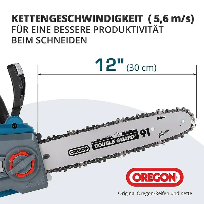 Könner & Söhnen Akku-Kettensäge KS CS20V-12 - 20 V, Li-Ionen, Ohne Akku, Schwertlänge: 30 cm - Nahaufnahme einer Kettensäge der Marke Oregon mit einer Schnittlänge von 30 cm, ideal für effizientes Schneiden.