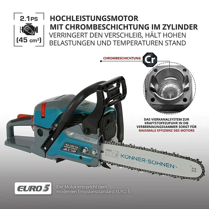 Könner & Söhnen Benzin-Kettensäge KS CS21G-13 - 1,6 kW, 45 cm³, Schwertlänge: 33 cm - Hochleistungsmotor KÖNNER & SÖHNEN mit Chrombeschichtung im Zylinder. Verringert Verschleiß und hält hohen Belastungen stand.
