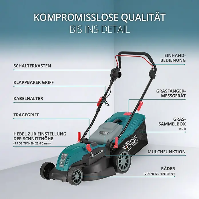 Könner & Söhnen Elektro-Rasenmäher KS 42LM - 1.800 W, Schnittbreite: 42 cm - Detailaufnahme eines Rasenmähers mit Beschriftungen zu den Produktmerkmalen.