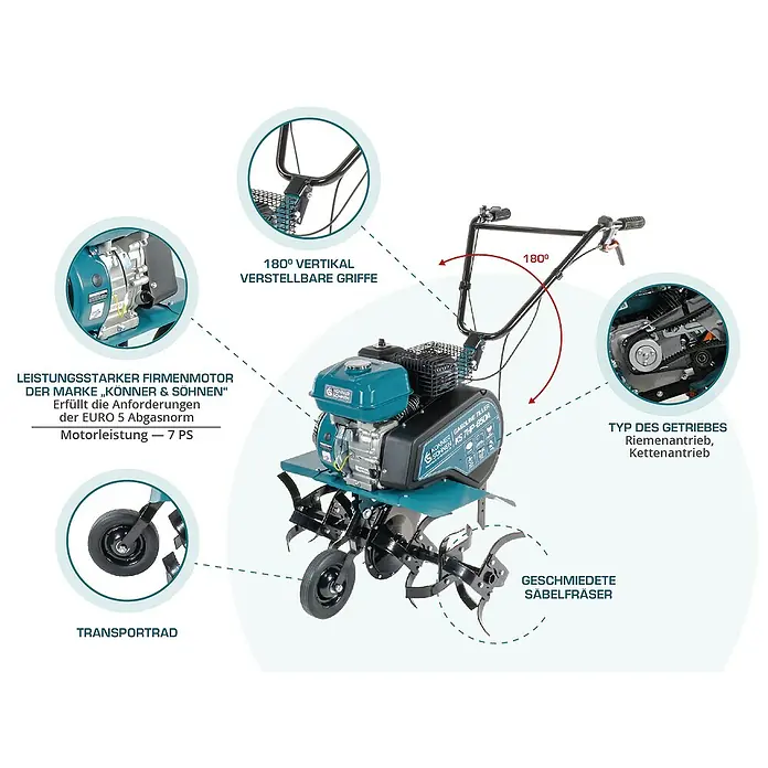 Könner & Söhnen Benzin-Bodenhacke KS 7HP-850A - 4-Takt, Arbeitsbreite: 80 cm - Abbildung einer blau-schwarzen Motorhacke mit verstellbaren Griffen, einem leistungsstarken Motor und geschmiedeten Säbelzinken für die Bodenbearbeitung.