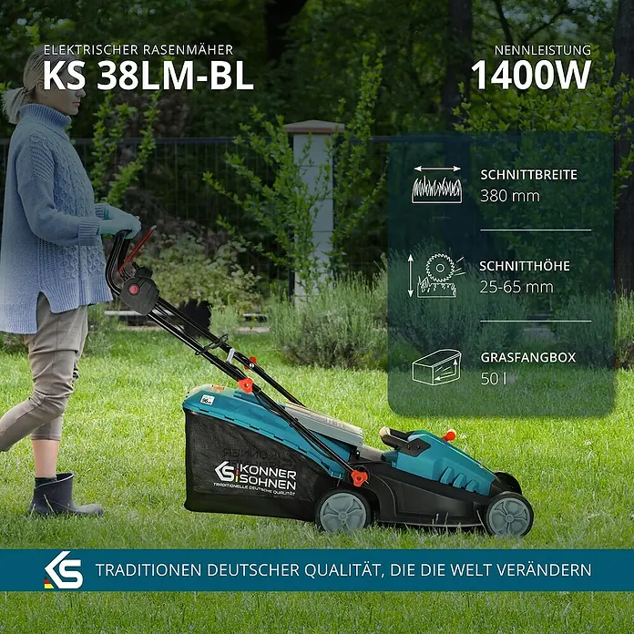 Könner & Söhnen Elektro-Rasenmäher KS 38LM-BL - 1.400 W, Schnittbreite: 38 cm - Abbildung eines Konner & Söhnen KS 38LM-BL Elektromähers mit einer Nennleistung von 1400W, Schnittbreite von 380mm und einem 50L Grasfangkorb.