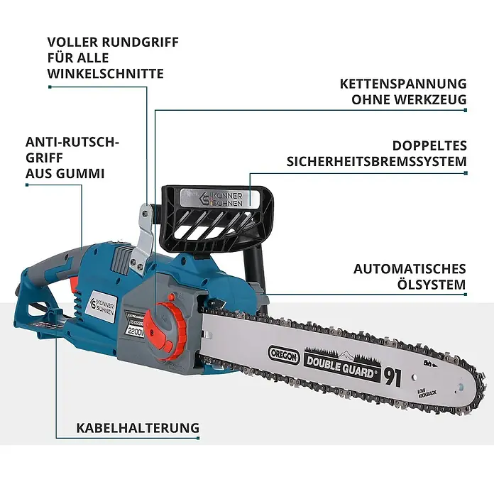 Könner & Söhnen Elektro-Kettensäge KS CS2200-16 - 2.200 W, Schwertlänge: 40 cm - Abbildung einer elektrischen Kettensäge mit ihren besonderen Produkteigenschaften.