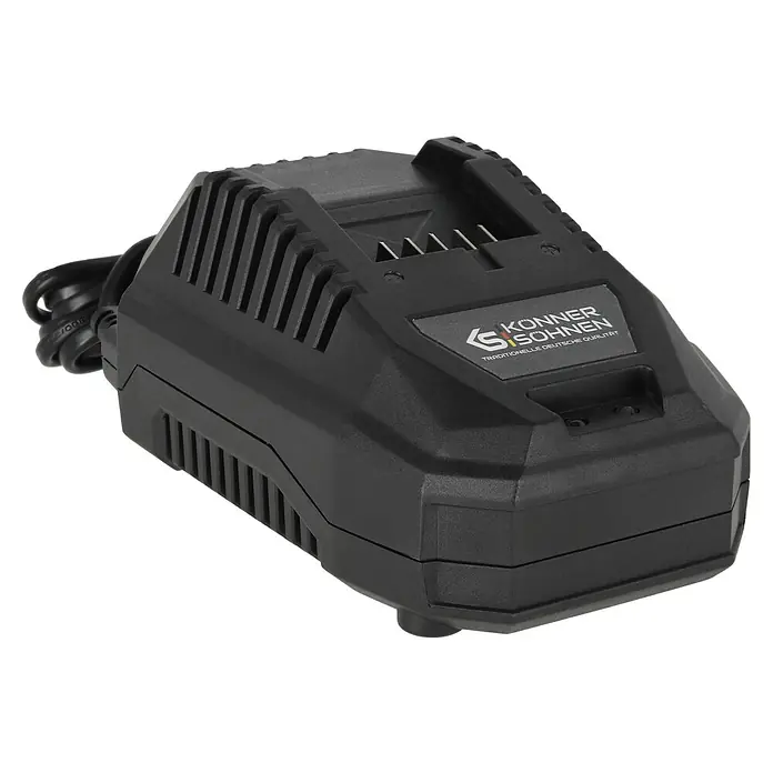 Könner & Söhnen Akku-Ladegerät KS C45A - Passend für: Alle Könner & Söhnen® 20V-Akkus - Das Bild zeigt ein Konner & Söhnen Ladegerät in Schwarz. Ein nützliches Zubehör für Elektrowerkzeuge.