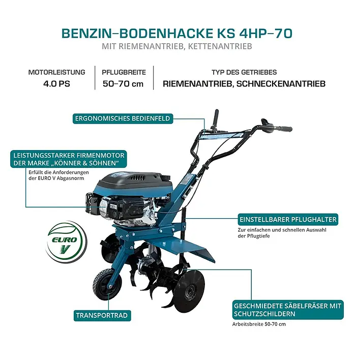 Könner & Söhnen Benzin-Bodenhacke KS 4HP-70 - 4-Takt, Arbeitsbreite: 70 cm - Eine blaue Motorhacke mit robustem Motor, ergonomischem Bedienfeld und einstellbarem Pflughalter für effizientes Arbeiten.