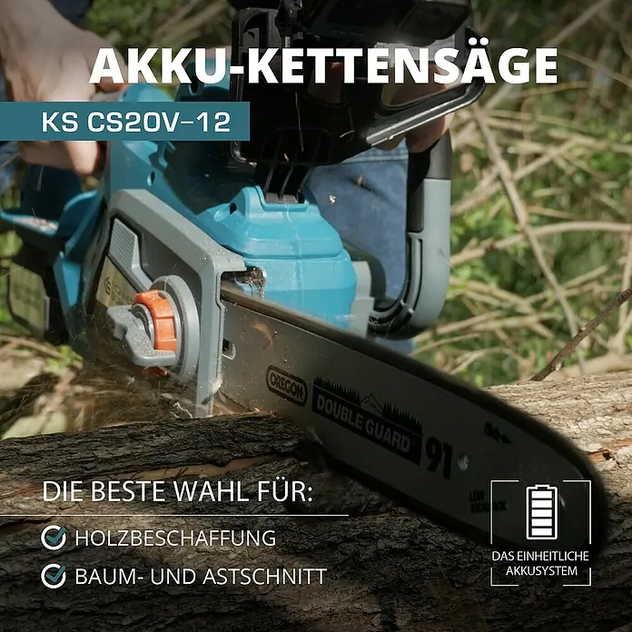 Könner & Söhnen Akku-Kettensäge KS CS20V-12 - 20 V, Li-Ionen, Ohne Akku, Schwertlänge: 30 cm - Akku-Kettensäge KS CS20V-12 beim Schneiden von Holz, ideal für Holzbeschaffung und Baumschnitt. Das einheitliche Akkusystem sorgt für Flexibilität.