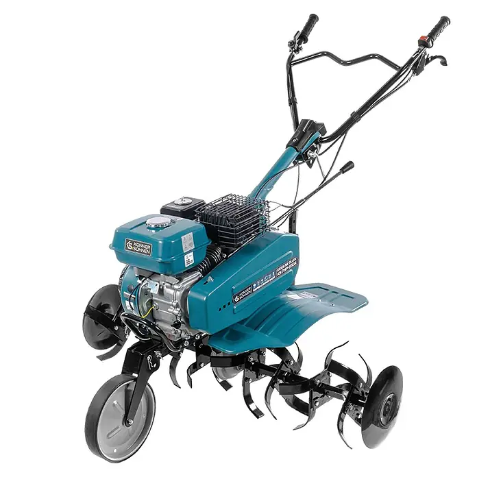 Könner & Söhnen Benzin-Bodenhacke KS 7HP-950A - 4-Takt, Arbeitsbreite: 108 cm - Hier ist eine Nahaufnahme eines blaugrünen Könner & Söhnen-Motorhackers, ideal für die Gartenarbeit und die Bodenbearbeitung.