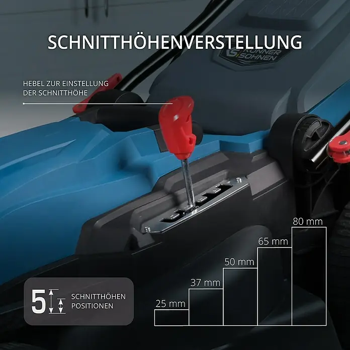 Könner & Söhnen Elektro-Rasenmäher KS 42LM - 1.800 W, Schnittbreite: 42 cm - Bild einer Rasenmäher-Schnitthöhenverstellung mit Hebel und Angaben zu den 5 Positionen von 25 bis 80 mm.