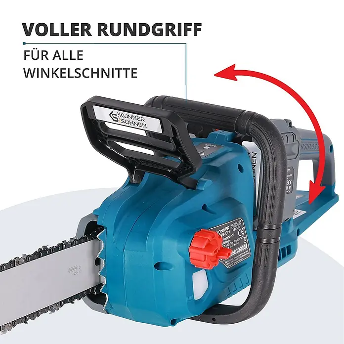 Könner & Söhnen Akku-Kettensäge KS CS40V-14 - 40 V, Li-Ionen, Ohne Akku - Nahaufnahme einer blauen Akku-Kettensäge mit rundem Griff und der Aufschrift "Voller Rundgriff für alle Winkelschnitte".