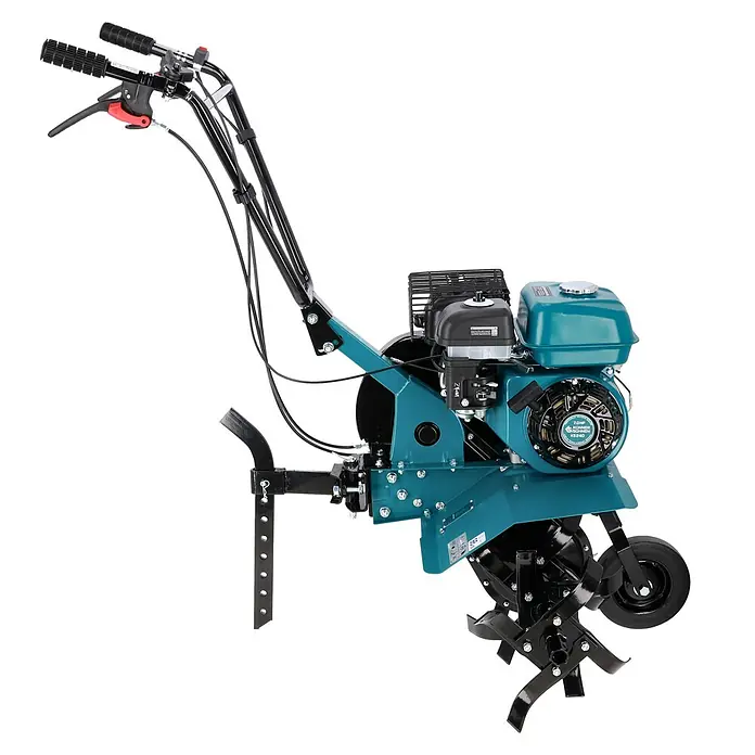 Könner & Söhnen Benzin-Bodenhacke KS 7HP-850A - 4-Takt, Arbeitsbreite: 80 cm - Abbildung eines blauen Motorhackers mit schwarzen Griffen und einem Motor mit 7,0 PS.
