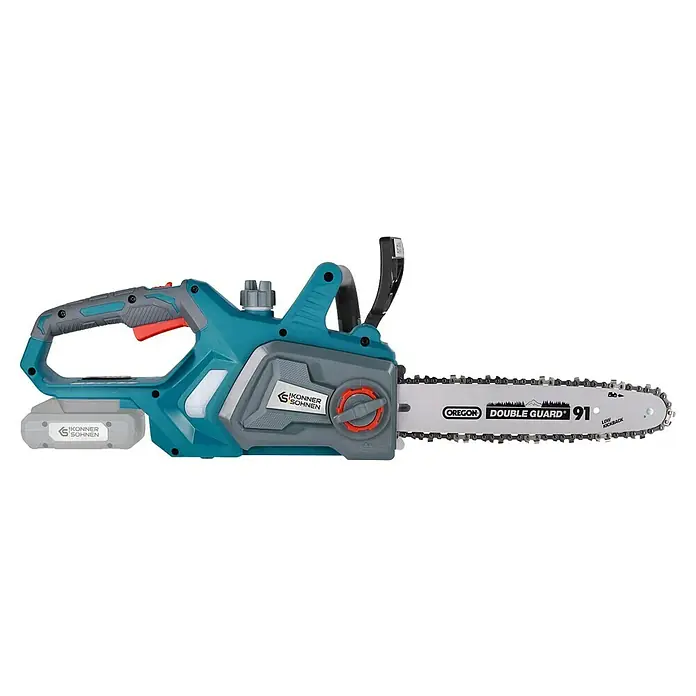 Könner & Söhnen Akku-Kettensäge KS CS20V-12 - 20 V, Li-Ionen, Ohne Akku, Schwertlänge: 30 cm - Abbildung einer akkubetriebenen Kettensäge der Marke "Könner & Söhnen", die für effiziente Baumpflege und Holzarbeiten konzipiert wurde.