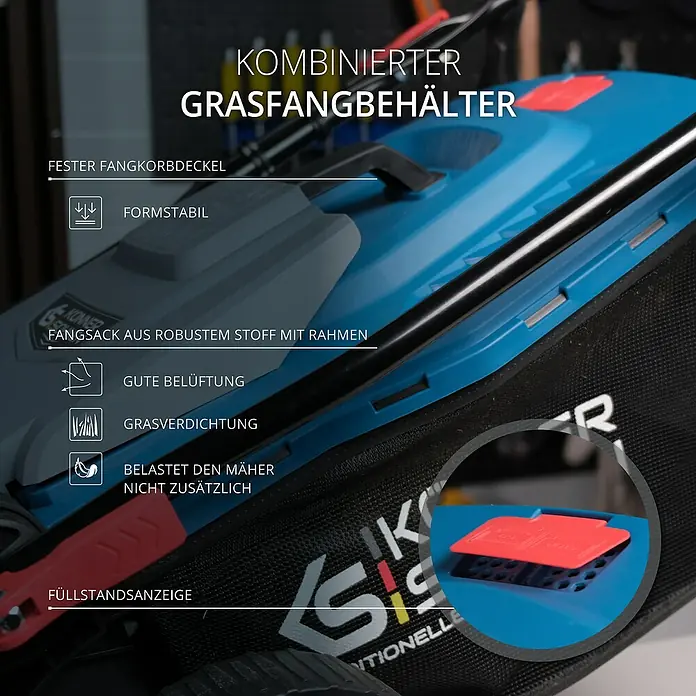 Könner & Söhnen Elektro-Rasenmäher KS 42LM - 1.800 W, Schnittbreite: 42 cm - Kombinierter Grasfangbehälter eines Rasenmähers mit robustem Fangsack, guter Belüftung und Füllstandsanzeige. Formstabil und belastet den Mäher nicht zusätzlich.