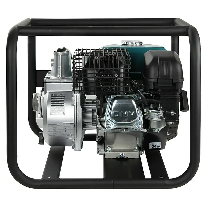 Könner & Söhnen Benzin-Klarwasserpumpe KS 50 - 7 PS, 196 cm³, Max. Fördermenge: 500 l/h - Frontansicht einer Wasserpumpe in einem schwarzen Rahmen. Die Pumpe ist silberfarben, mit einem schwarzen Motor und einem türkisfarbenen Tank.