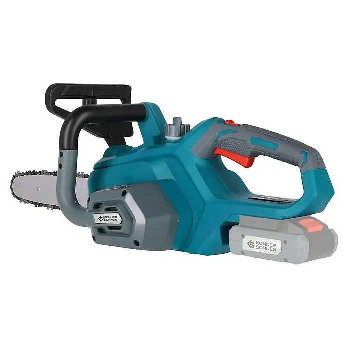 Könner & Söhnen Akku-Kettensäge KS CS20V-12 - 20 V, Li-Ionen, Ohne Akku, Schwertlänge: 30 cm - Akkubetriebene Kettensäge von Könner & Söhnen, ideal für Gartenarbeiten. Das Gerät ist in Türkis und Grau gehalten.