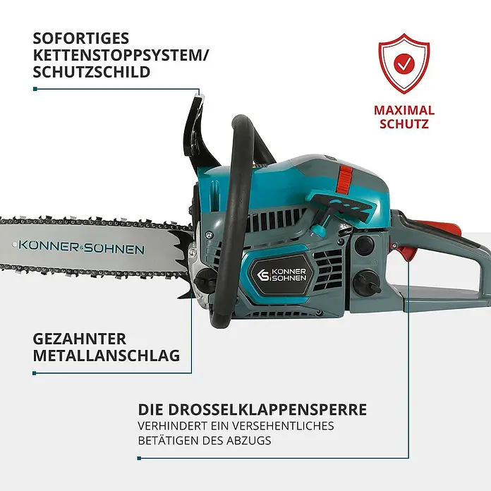 Könner & Söhnen Benzin-Kettensäge KS CS21G-13 - 1,6 kW, 45 cm³, Schwertlänge: 33 cm - Abbildung einer Kettensäge der Marke Könner & Söhnen mit hervorgehobenen Sicherheitsmerkmalen.
