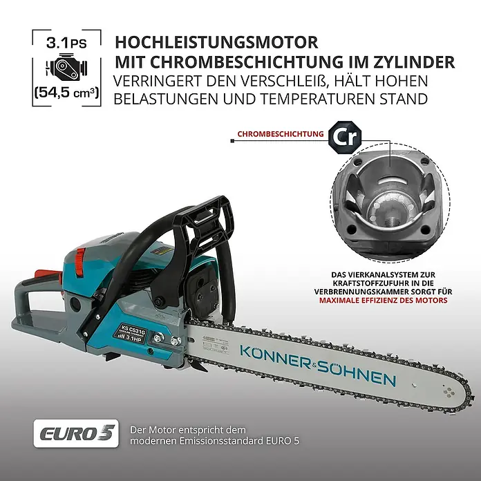 Könner & Söhnen Benzin-Kettensäge KS CS31G-18 - 2,3 kW, 54,5 cm³, Schwertlänge: 45 cm - Abbildung einer Kettensäge mit 3,1 PS und Chrombeschichtung im Zylinder für hohe Leistung und lange Lebensdauer.