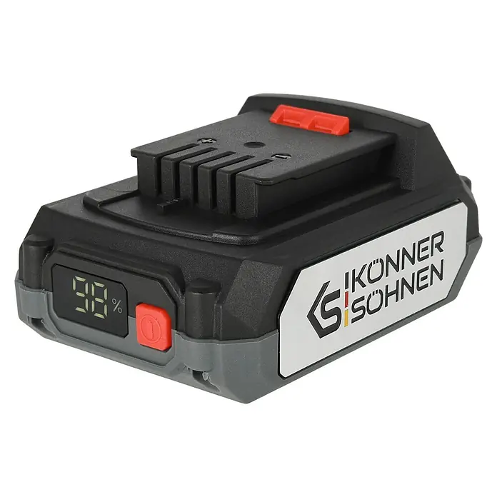 Könner & Söhnen Akku KS 2-1 - 20 V, 2 Ah, Li-Ionen - Ein Konner & Sohnen Akku mit einem Display, das 98% Ladung anzeigt, ist ein hochwertiges Zubehör für Werkzeuge.