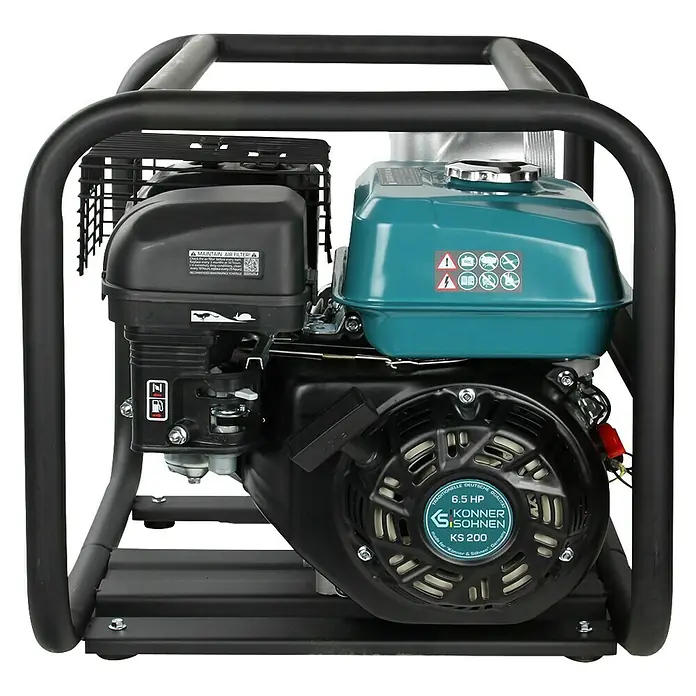 Könner & Söhnen Benzin-Klarwasserpumpe KS 80 - 7 PS, 196 cm³, Max. Fördermenge: 1.000 l/h - Detailansicht des KS 200 Benzinmotors mit 6,5 PS, eingebaut in einem robusten Rahmen, ideal für vielfältige Anwendungen.