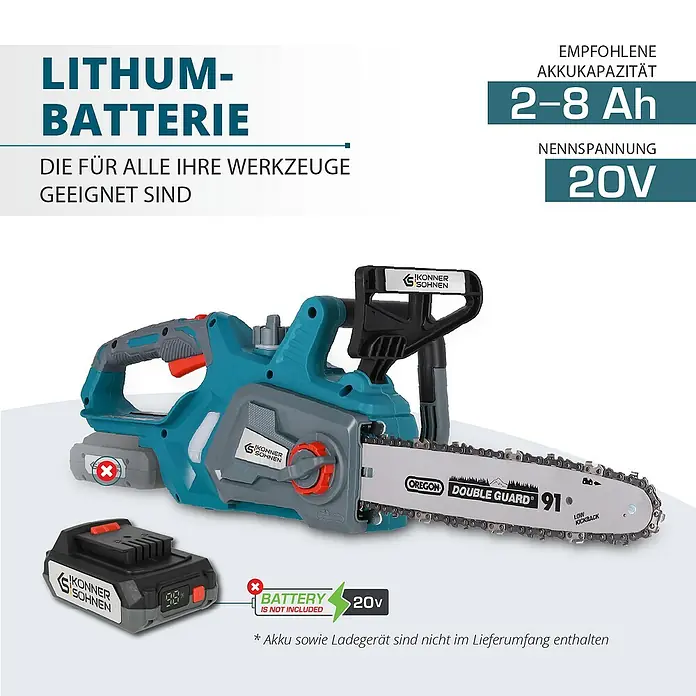Könner & Söhnen Akku-Kettensäge KS CS20V-12 - 20 V, Li-Ionen, Ohne Akku, Schwertlänge: 30 cm - Abbildung einer Akku-Kettensäge der Marke "Könner & Söhnen", die mit einem Lithium-Ionen-Akku betrieben wird.