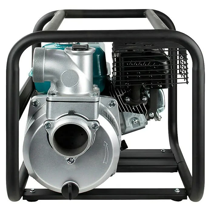 Könner & Söhnen Benzin-Klarwasserpumpe KS 80 - 7 PS, 196 cm³, Max. Fördermenge: 1.000 l/h - Makita Wasserpumpe im schwarzen Rahmen. Das Gerät ist silberfarben, der Tank türkisfarben und der Motorkühler schwarz.