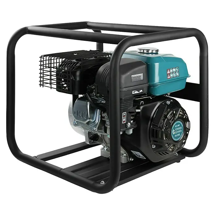 Könner & Söhnen Benzin-Klarwasserpumpe KS 50 - 7 PS, 196 cm³, Max. Fördermenge: 500 l/h - Das Bild zeigt einen tragbaren Stromerzeuger mit einem robusten Rahmen. Der Generator ist für den Einsatz in verschiedenen Umgebungen konzipiert.