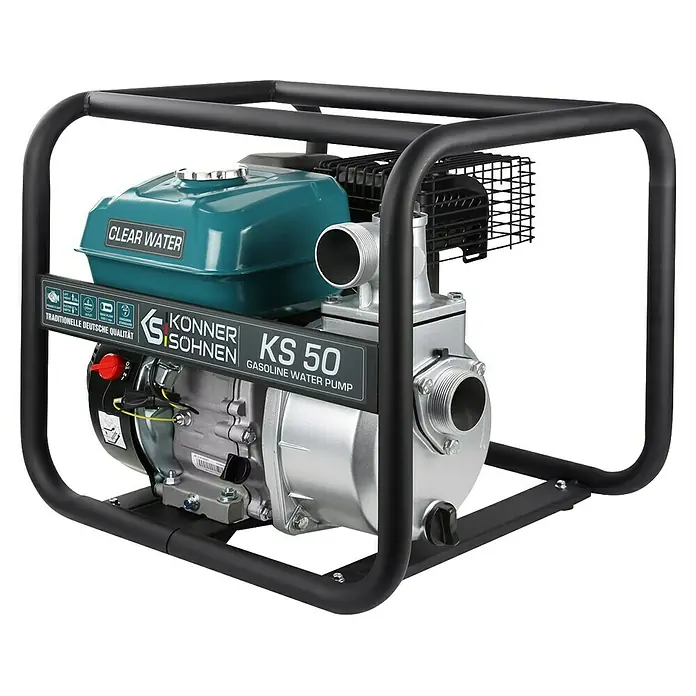 Könner & Söhnen Benzin-Klarwasserpumpe KS 50 - 7 PS, 196 cm³, Max. Fördermenge: 500 l/h - Eine tragbare KS 50 Benzin-Wasserpumpe von Könner & Söhnen, ideal für die Bewässerung und Entwässerung. Robust und leistungsstark.