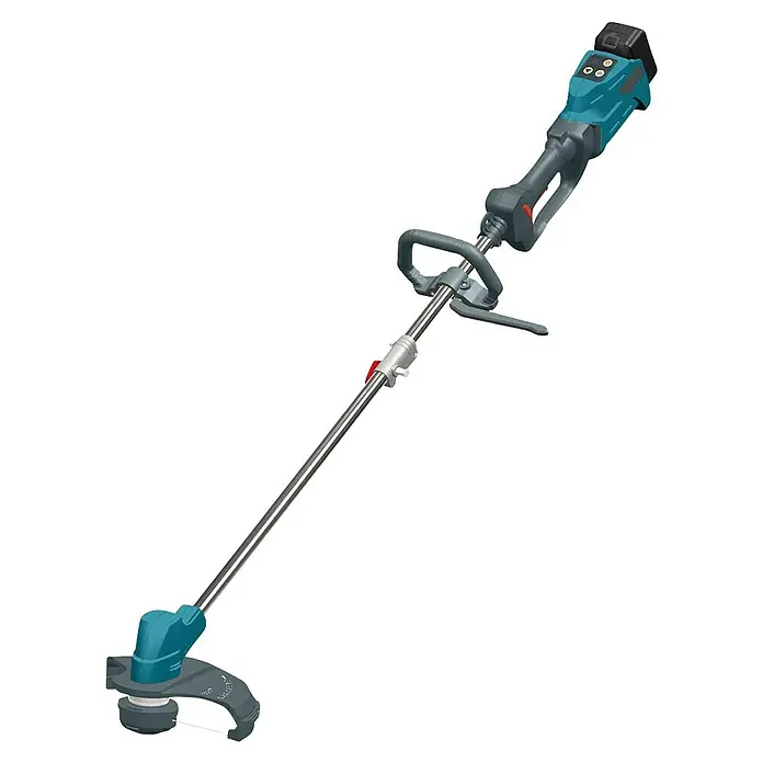 Könner & Söhnen Akku-Rasentrimmer KS BCT - 20 V, Li-Ionen, Ohne Akku, Schnittbreite Messer: 25,5 cm, Schnittbreite Faden: 30 cm - Abbildung eines Akku-Rasentrimmers mit blaugrünem Gehäuse und Metallstiel, ideal für die Gartenpflege.