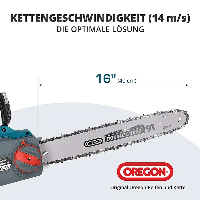 Könner & Söhnen Elektro-Kettensäge KS CS2200-16 - 2.200 W, Schwertlänge: 40 cm - Abbildung einer Kettensäge mit 16-Zoll-Oregon-Sägekette, die für optimale Leistung und Zuverlässigkeit ausgelegt ist.