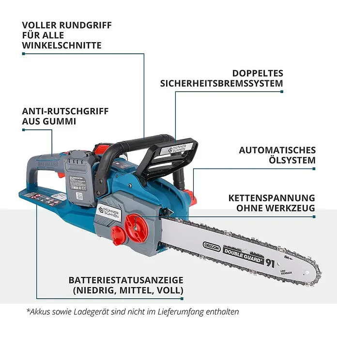 Könner & Söhnen Akku-Kettensäge KS CS40V-14 - 40 V, Li-Ionen, Ohne Akku - Abbildung einer Akku-Kettensäge mit Hinweisen auf ihre Eigenschaften, wie z.B. den Anti-Rutsch-Griff oder die Batteriestatusanzeige.