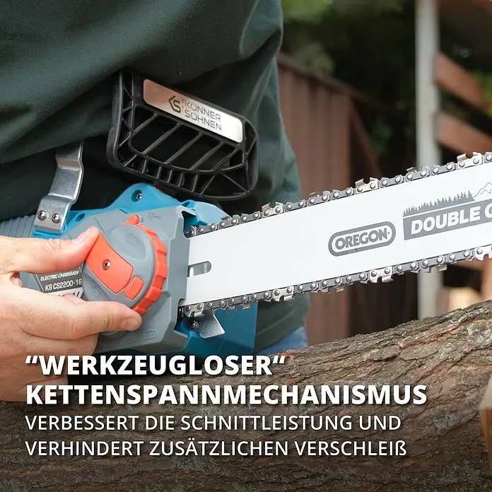 Könner & Söhnen Elektro-Kettensäge KS CS2200-16 - 2.200 W, Schwertlänge: 40 cm - Nahaufnahme einer Konner & Söhnen KS CS2200-16 Elektrokettensäge mit werkzeuglosem Kettenspannmechanismus, der die Schnittleistung verbessert.