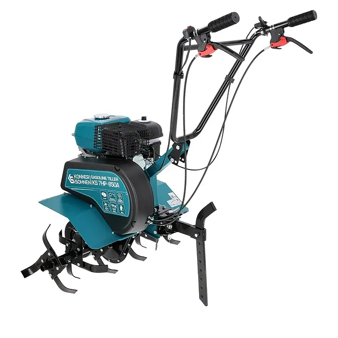 Könner & Söhnen Benzin-Bodenhacke KS 7HP-850A - 4-Takt, Arbeitsbreite: 80 cm - Eine detailreiche Aufnahme eines Benzin-Bodenhackers, der für die Gartenarbeit und Bodenbearbeitung konzipiert ist.