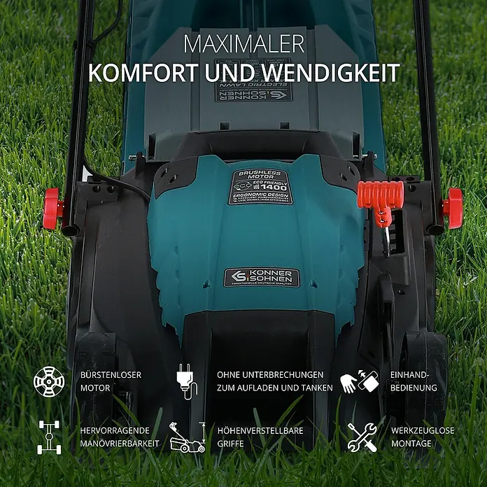 Könner & Söhnen Elektro-Rasenmäher KS 38LM-BL - 1.400 W, Schnittbreite: 38 cm - Produktbild eines Rasenmähers mit den Schlagworten Komfort und Wendigkeit für müheloses und effizientes Rasenmähen.