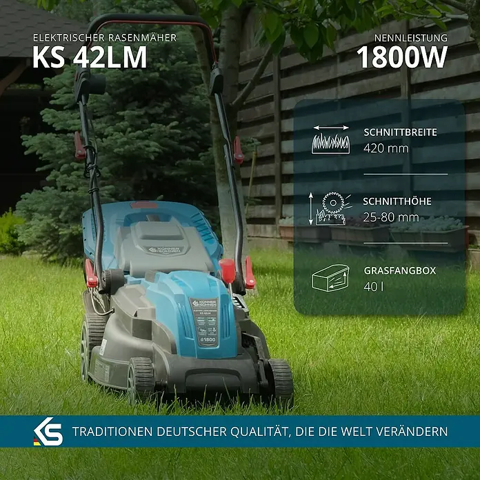 Könner & Söhnen Elektro-Rasenmäher KS 42LM - 1.800 W, Schnittbreite: 42 cm - Elektrischer Rasenmäher KS 42LM mit 1800W Leistung, 420mm Schnittbreite, 25-80mm Schnitthöhe und 40l Grasfangbox für effizientes Rasenmähen.