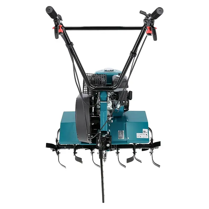 Könner & Söhnen Benzin-Bodenhacke KS 7HP-850A - 4-Takt, Arbeitsbreite: 80 cm - Eine Nahaufnahme einer türkisfarbenen Motorhacke mit schwarzen Griffen und rot akzentuierten Bedienelementen.