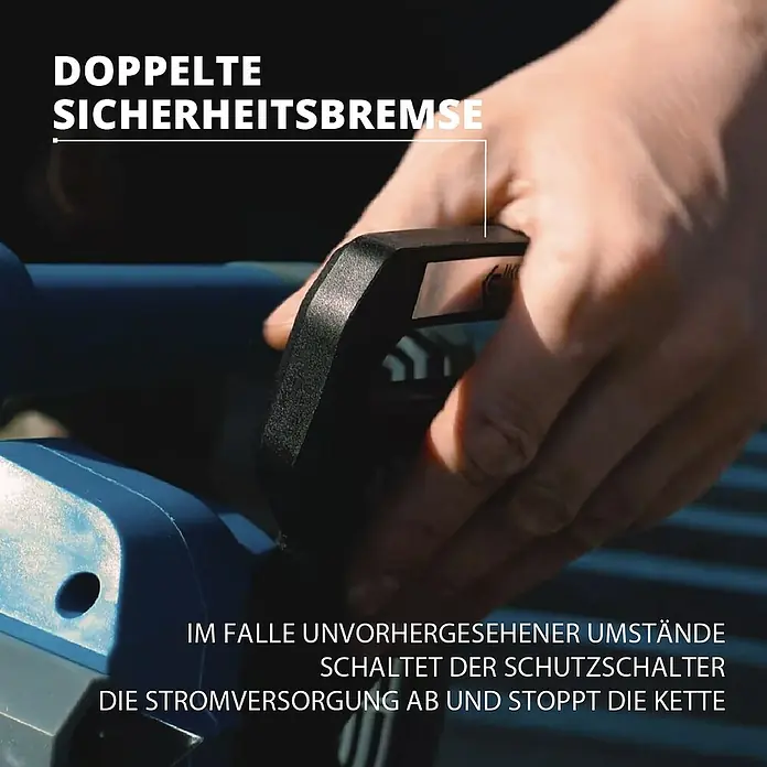 Könner & Söhnen Akku-Kettensäge KS CS20V-12 - 20 V, Li-Ionen, Ohne Akku, Schwertlänge: 30 cm - Nahaufnahme einer Kettensäge mit hervorgehobener Sicherheitsbremse und Schutzschalter für zusätzliche Sicherheit.