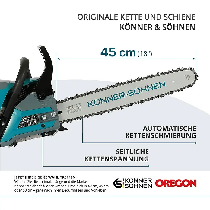 Könner & Söhnen Benzin-Kettensäge KS CS31G-18 - 2,3 kW, 54,5 cm³, Schwertlänge: 45 cm - Abbildung einer Kettensäge mit einer Schwertlänge von 45 cm, ausgestattet mit automatischer Kettenschmierung und seitlicher Kettenspannung.