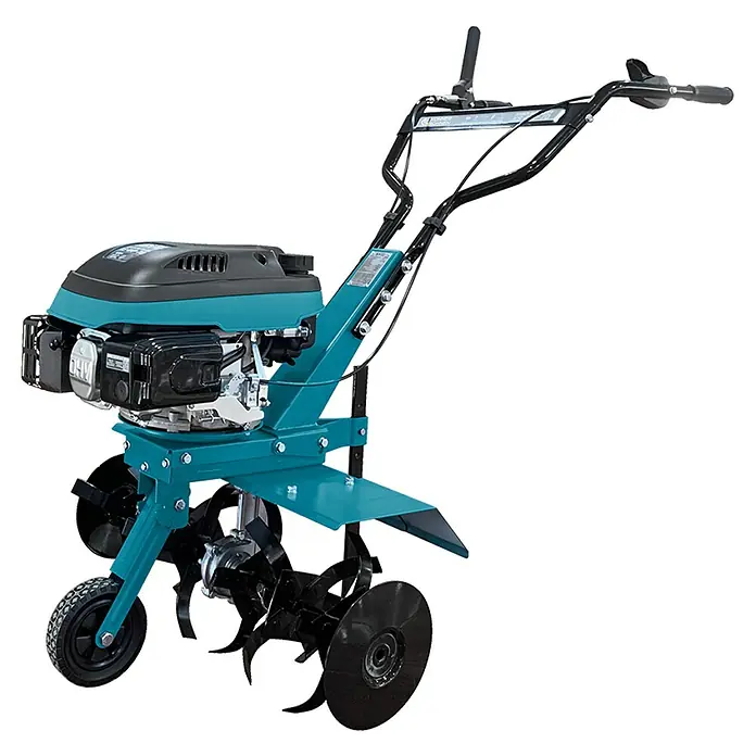 Könner & Söhnen Benzin-Bodenhacke KS 4HP-70 - 4-Takt, Arbeitsbreite: 70 cm - Die Abbildung zeigt einen blauen Motorhacke, ein Gartengerät zur Bodenbearbeitung, auf schwarzem Hintergrund.