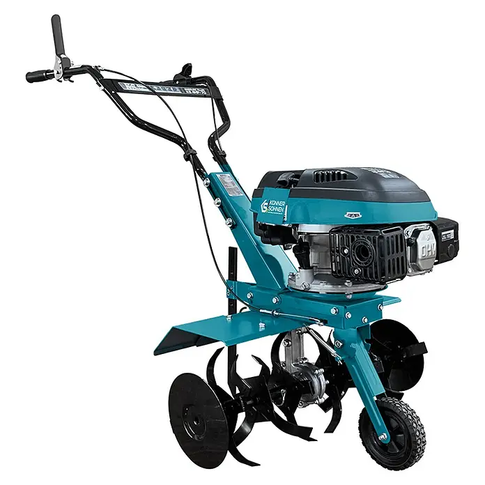 Könner & Söhnen Benzin-Bodenhacke KS 4HP-70 - 4-Takt, Arbeitsbreite: 70 cm - Eine detaillierte Ansicht einer blauen Motorhacke, ideal für Gartenarbeiten. Sie besticht durch ihr robustes Design und ihre Funktionalität.