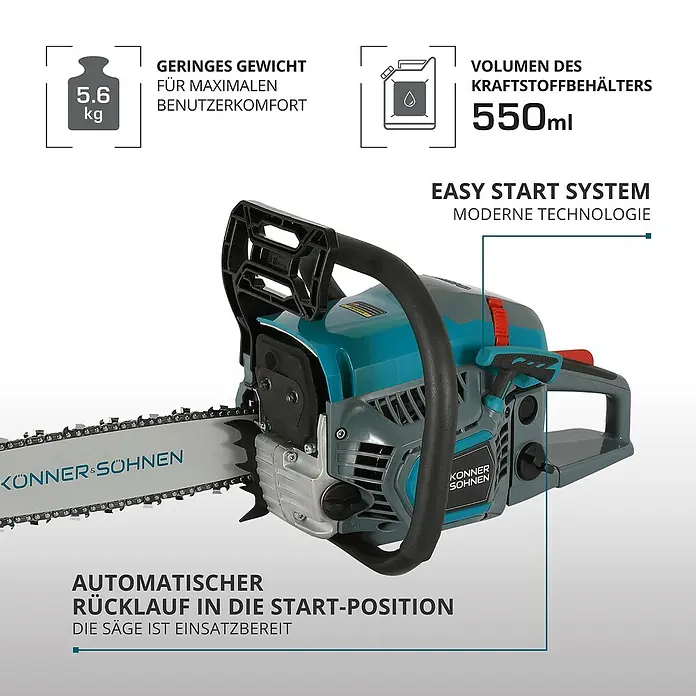 Könner & Söhnen Benzin-Kettensäge KS CS21G-13 - 1,6 kW, 45 cm³, Schwertlänge: 33 cm - Abbildung einer Kettensäge der Marke Könner & Söhnen, die sich durch geringes Gewicht und ein Easy-Start-System auszeichnet.