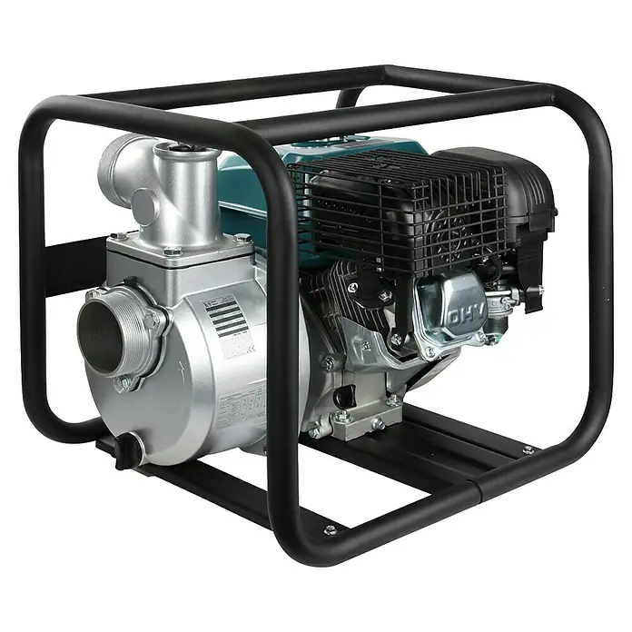 Könner & Söhnen Benzin-Klarwasserpumpe KS 80 - 7 PS, 196 cm³, Max. Fördermenge: 1.000 l/h - Abbildung einer Wasserpumpe mit schwarzem Rahmen, die für den Transport und die Verwendung in verschiedenen Umgebungen konzipiert ist.