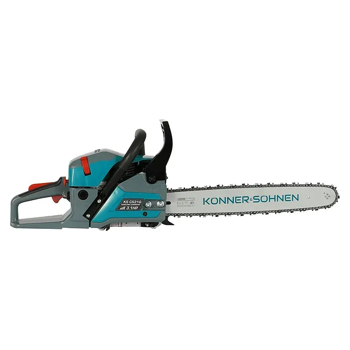 Könner & Söhnen Benzin-Kettensäge KS CS31G-16 - 2,3 kW, 54,5 cm³, Schwertlänge: 40 cm - Nahaufnahme einer KÖNNER&SÖHNEN Benzin-Kettensäge KS CS31G mit 3,1 PS für den professionellen und privaten Gebrauch.